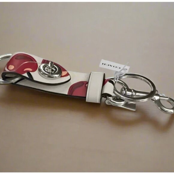Coach Cherry Bag Charm Leather Trigger Snap Key Ring White Red CZ088 ORIGPKG - Picture 2 of 6